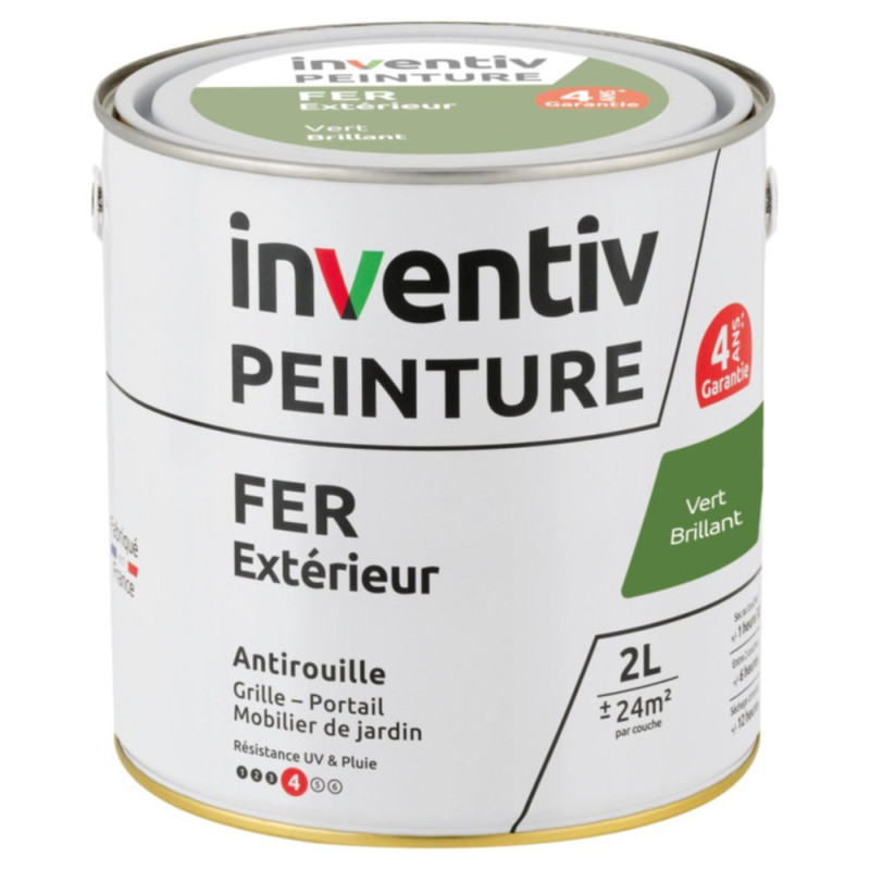 Peinture extérieure Fer 4 ans vert brillant 2 L INVENTIV