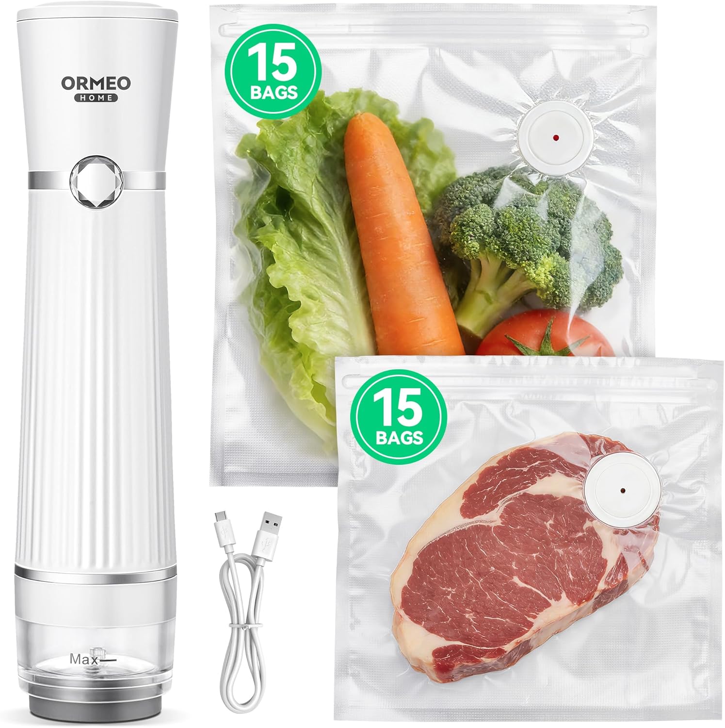 Compact Vacuum Sealer for Food, ORMEO HOME Powerful Handheld Vacuum Sealer Machine, Seal Meal Saver, Portable Food Sealer (Vacuum Sealer Machine + 30 Reusable Vacuum Bags)