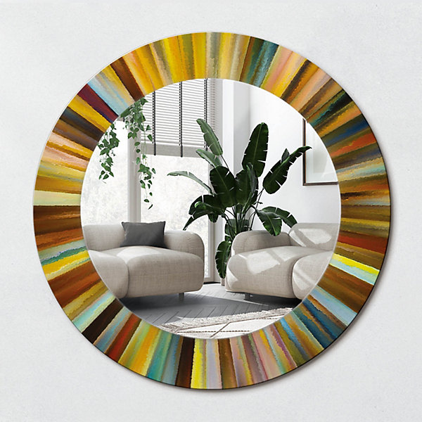 Miroir Rond Cadre Verre Trempé Motif Wallfluent fi50 cm Rayons Colorés Effet Agrandissant Style Moderne