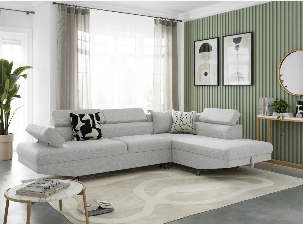 RIO - Canapé angle droit convertible avec coffre en tissu - Gris perle