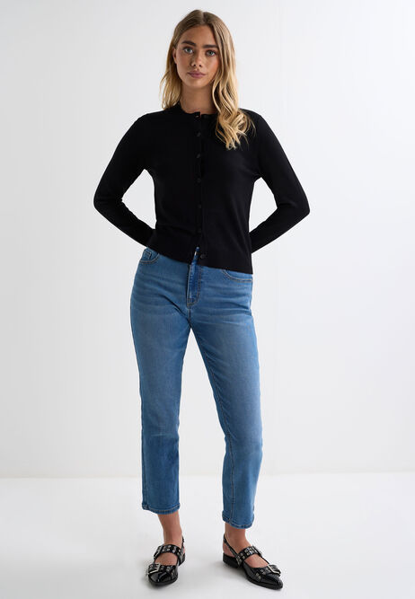 Womens Black Crew Neck Cardigan