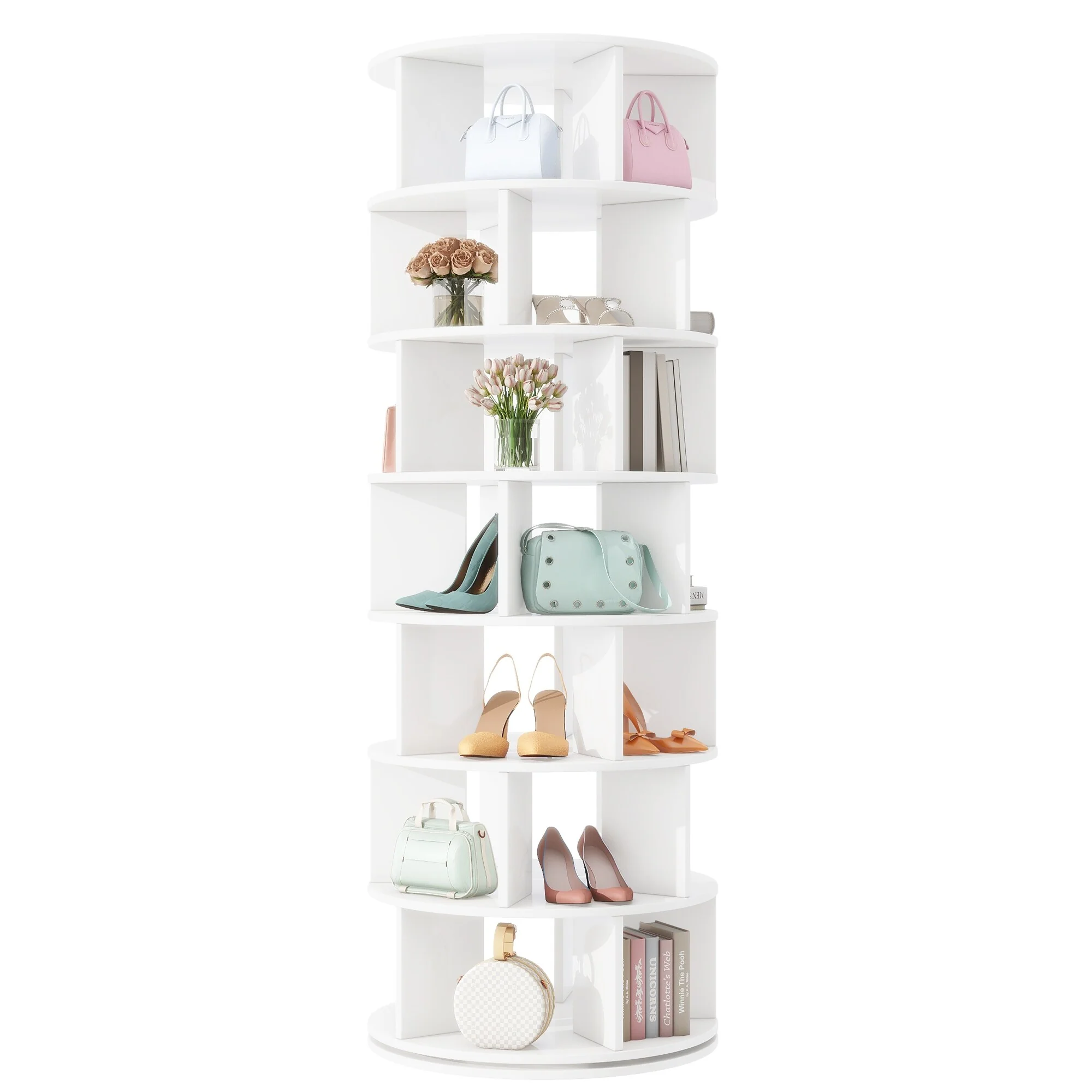 7-Tier Round Rotating Shoe Rack Tower, Spinning Shoe Shelf with 5 Grids Per Layer, Shoe Closet Organizer for Entryway