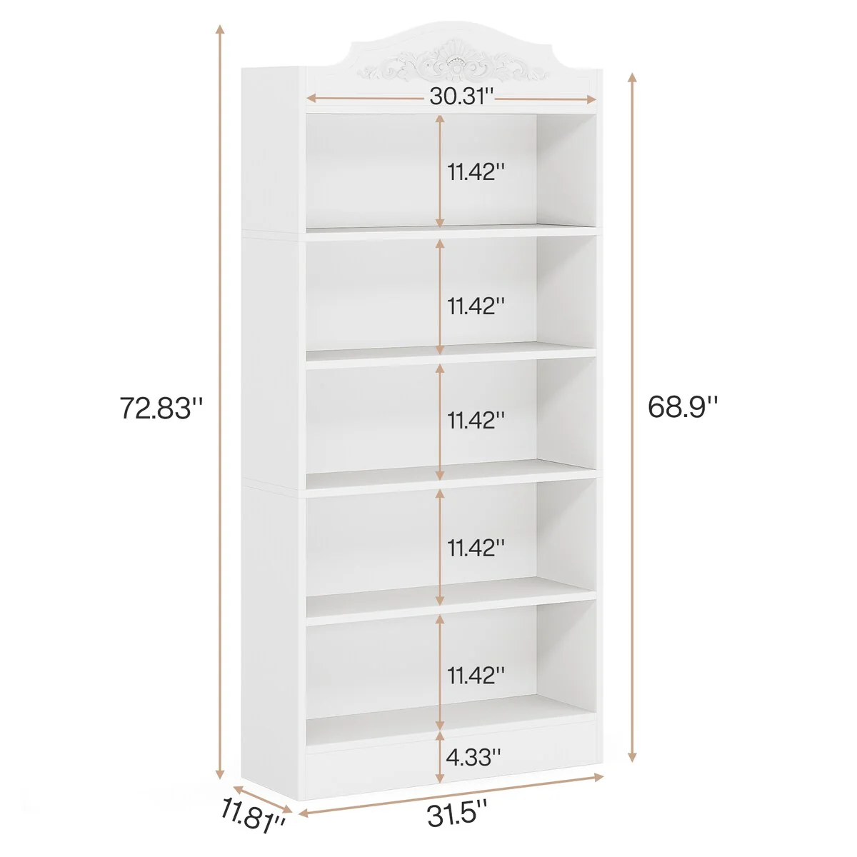 5-Tier Bookcase, Wood Bookshelf for Living Room, Bedroom, Home Office, White