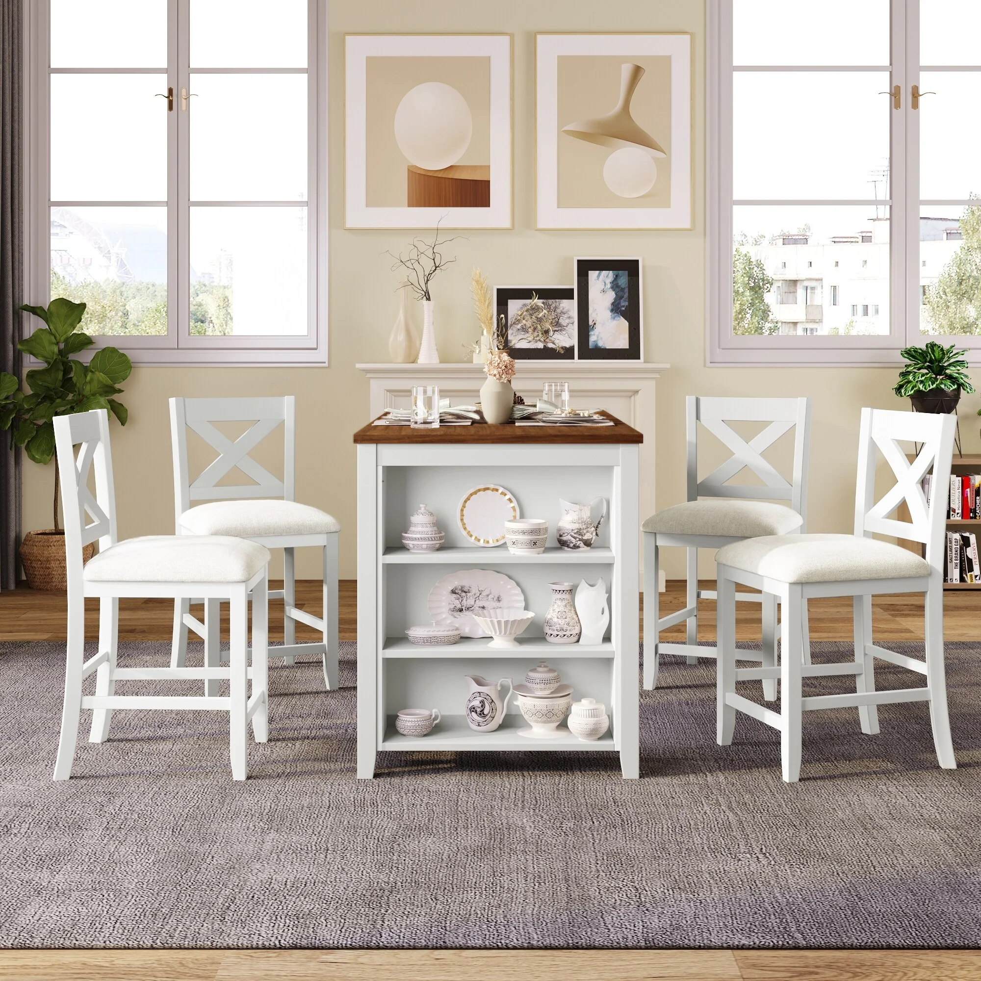 Roomfitters 5-Piece Counter Height Rustic Farmhouse Dining Bar Table Set with 4 Chairs