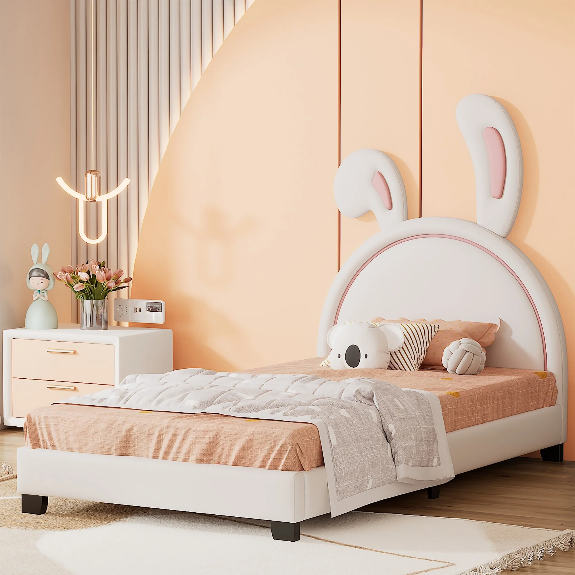 Modern Full Size PU Leather Platform Bed with Rabbit Ornament and High Load Capacity