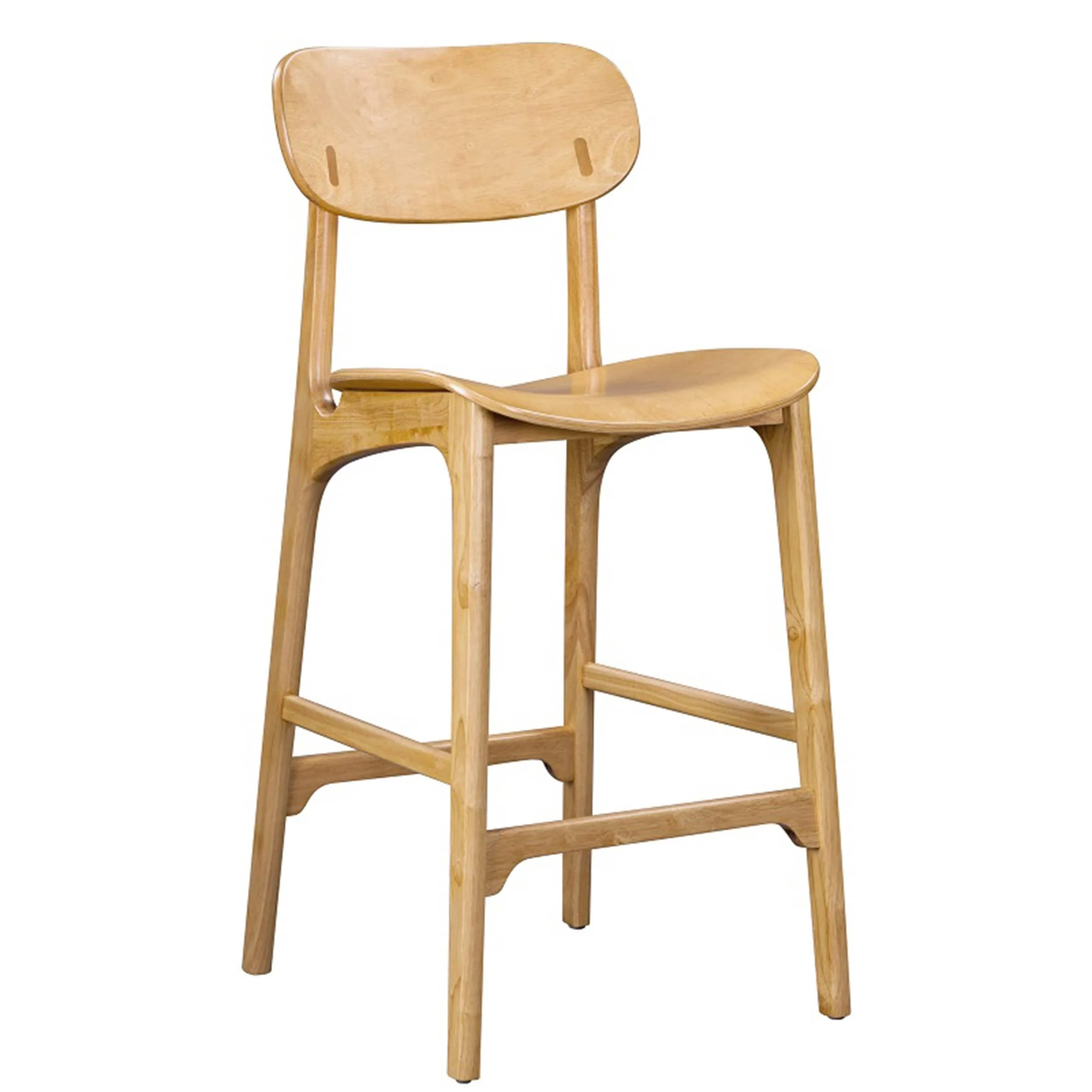 Seln 30 Inch Barstool Chair, Curved Seat, Open Back, Light Brown Wood