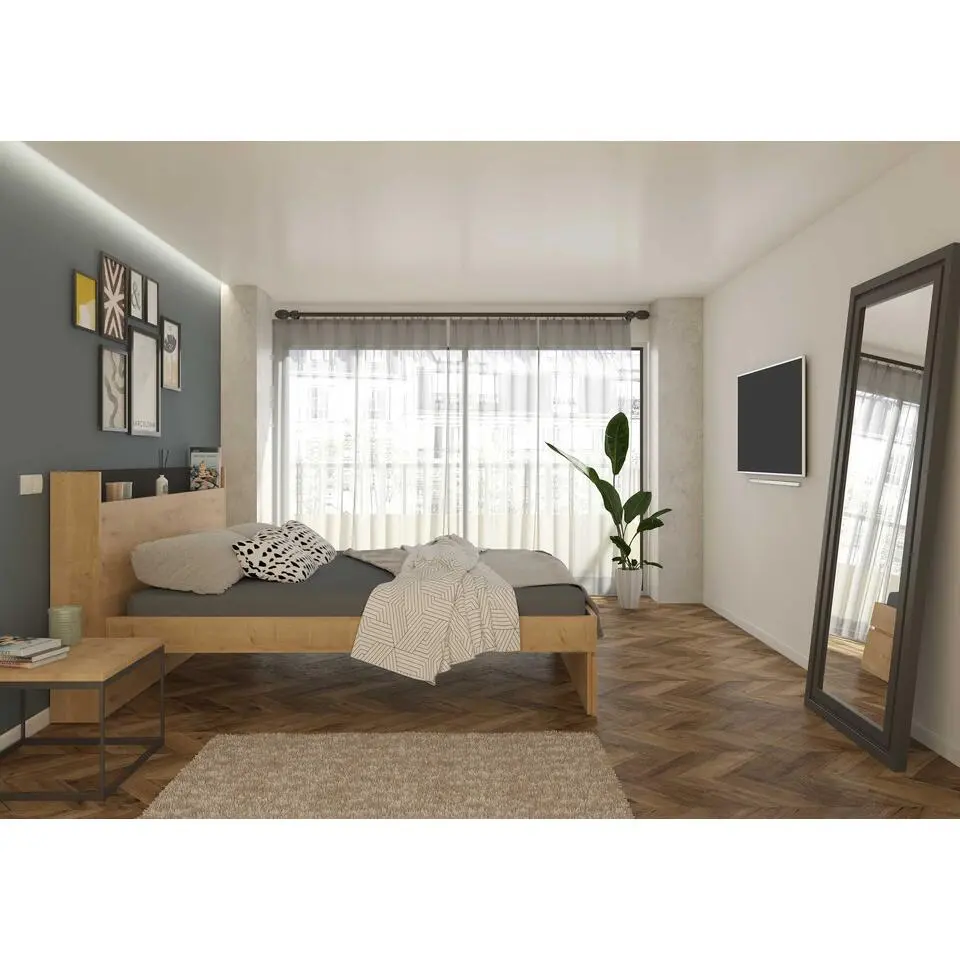 Tweepersoonsbed Sanna 160x200 - lichte eikdecor/ zwart