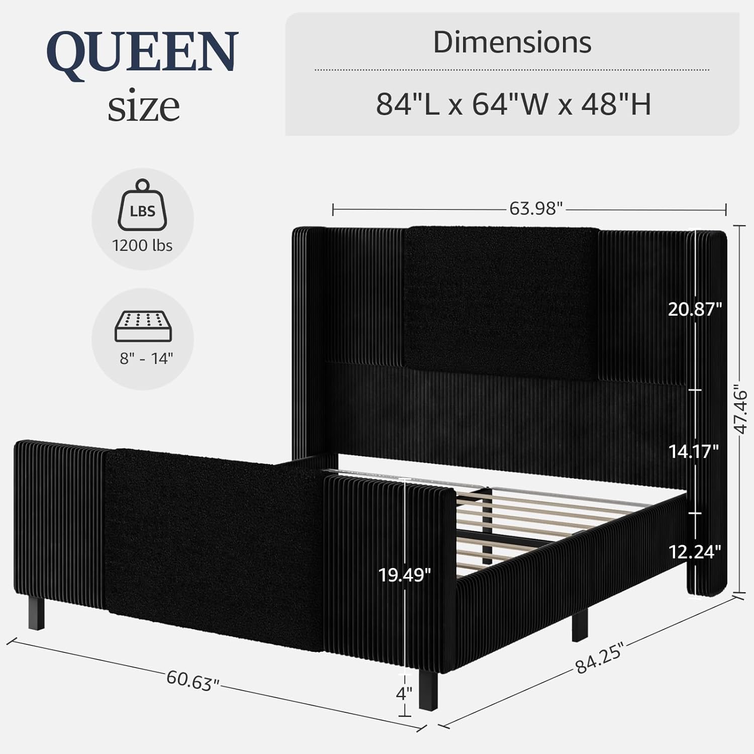 Queen Upholstered Bed Frame with Headboard and Footboard, Boucle and Velvet Bed Frame with LED Lights, Modern Platform Bed Frame, Noiseless, Easy Assembly, Black