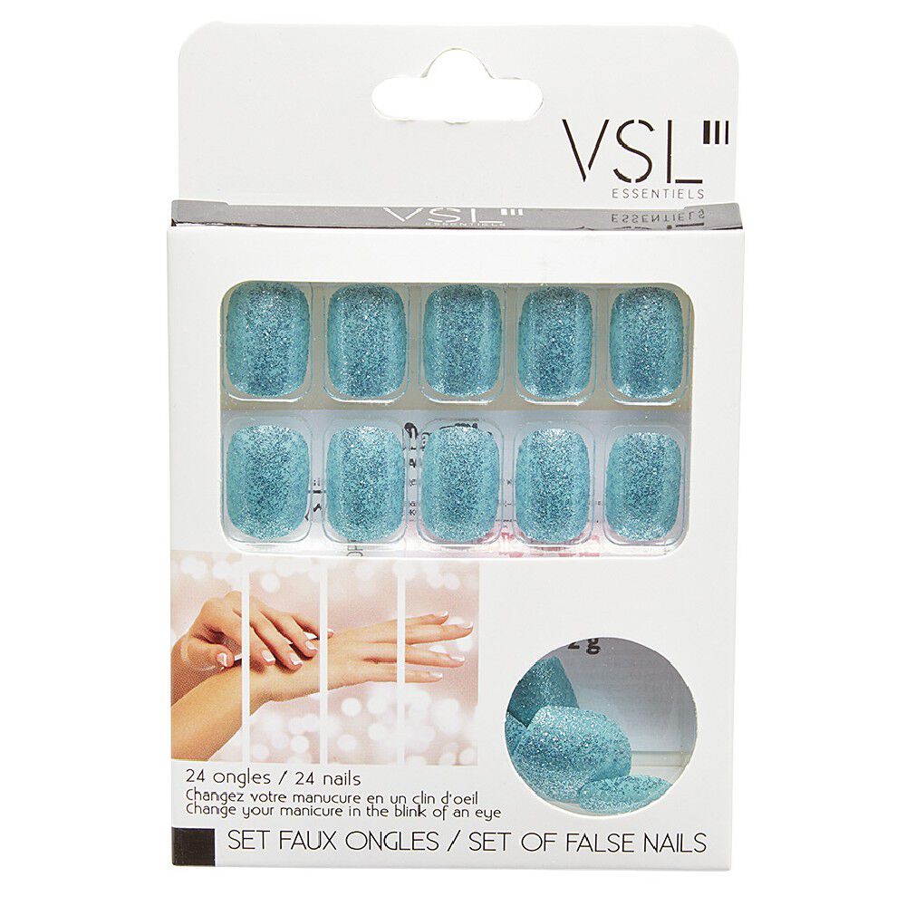 Kit faux ongles pailletés bleus 24 pièces