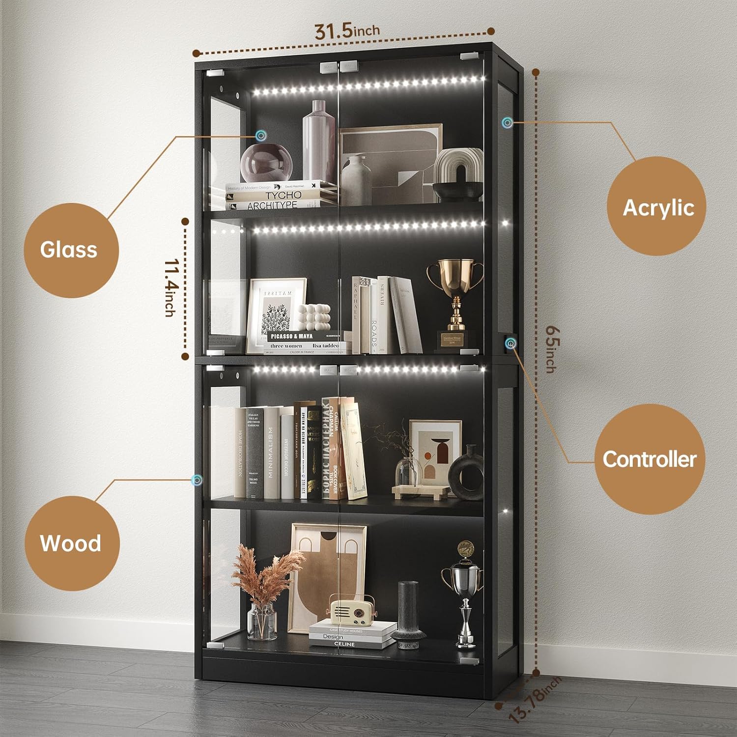 Airynee Display Cabinet with Glass Doors 4-Tier, 7 Vibrant Colors 3 Dynamic Lighting Modes, HD Glass Storage Cabinet with Human Body Sensor for Curio, Trophy, Collectibles (Black)