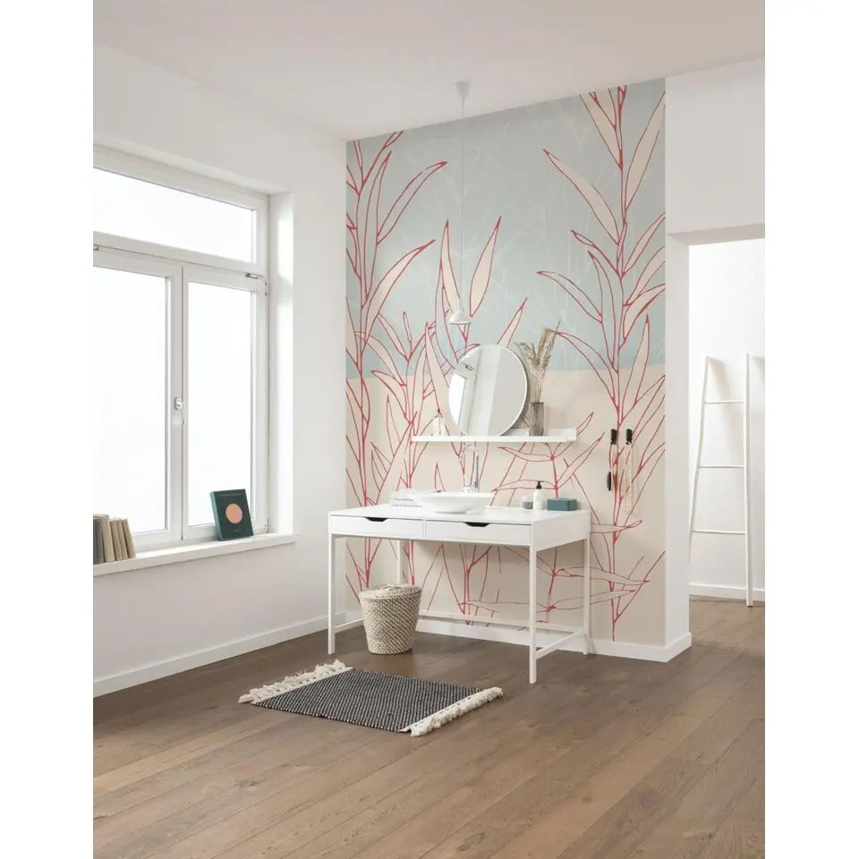Sanders & Sanders fotobehang getekende bladeren rood, roze en lichtblauw