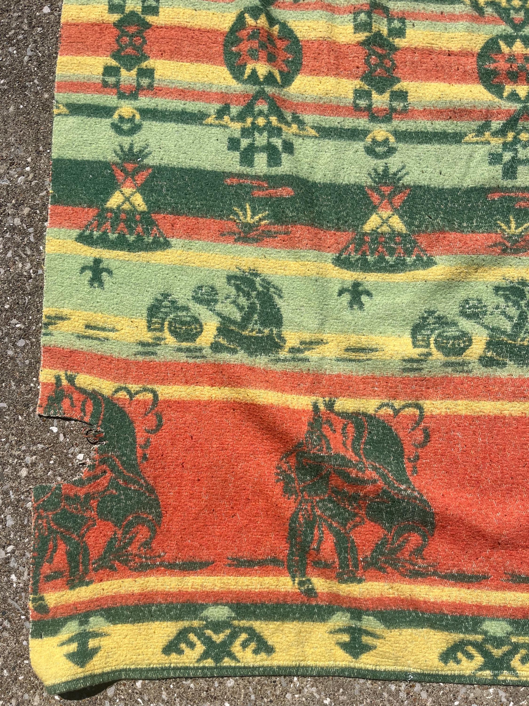 1940s Vintage Southwestern Pictorial Cotton Camp Blanket Western Bronco Teepee