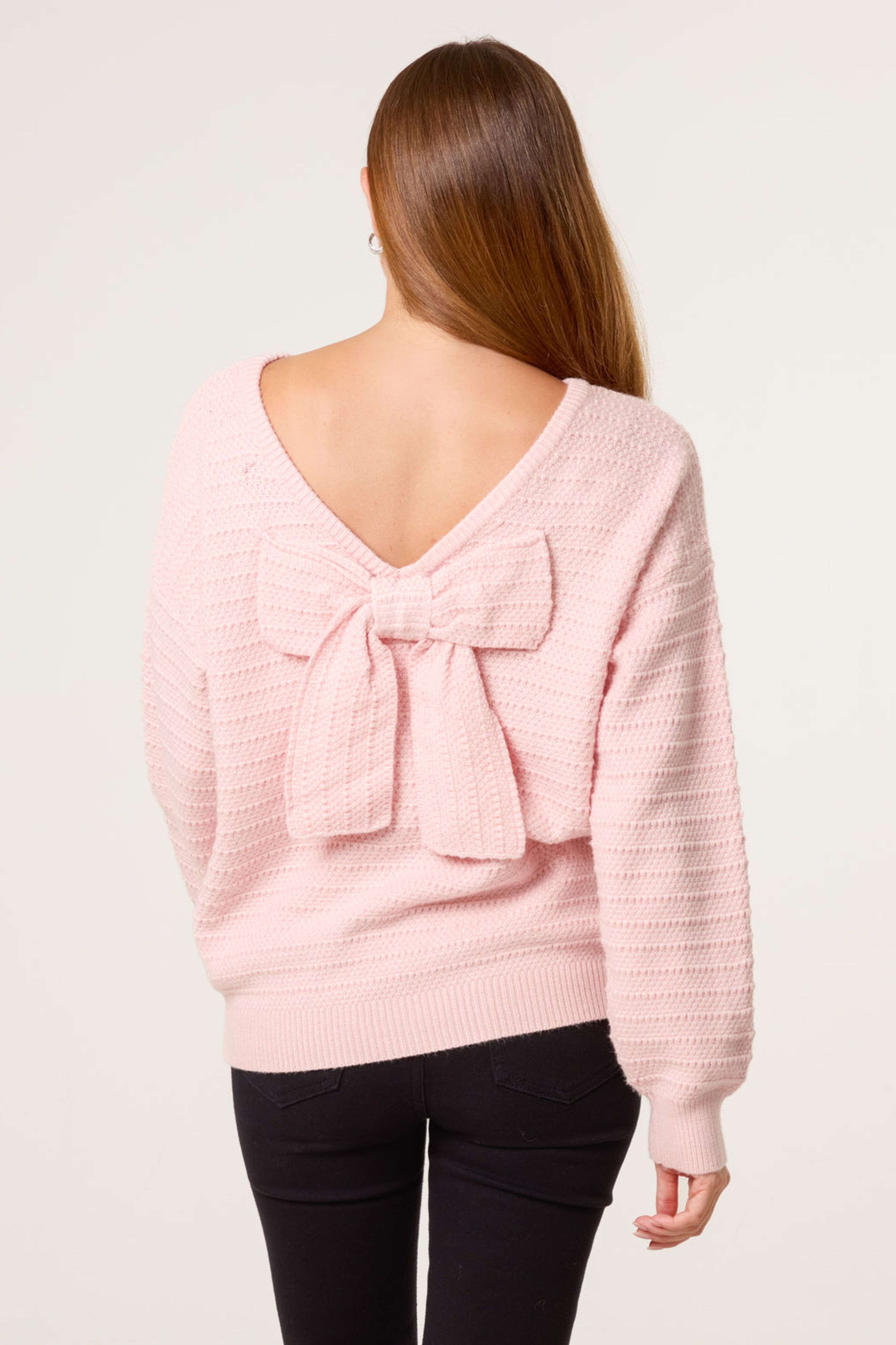 Blue Vanilla Pink Round Neck Bow Back Detailed Jumper