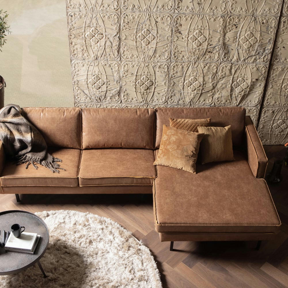 BRONCO - Canapé d'angle droit 4 places vintage méridienne XXL cognac