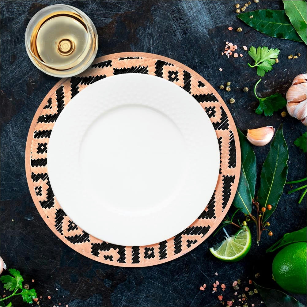 BAMBOU - Set de table rond beige et noir en feuilles de bambou D38