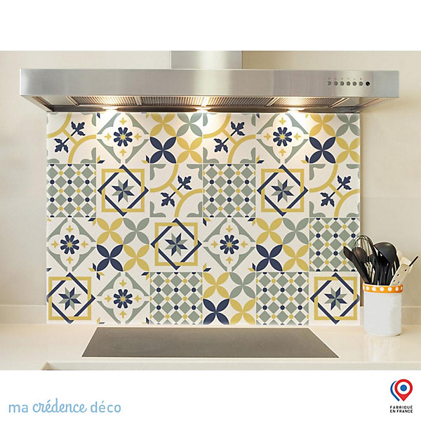 Crédence cuisine fond de hotte Carreaux ciments jaune - Verre trempé - L 70 cm x H 60 cm - MaCrédenceDéco