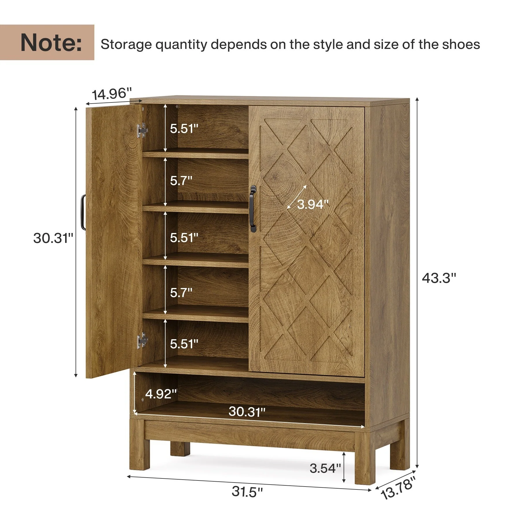 6-Tier Shoe Cabinet with Doors & Adjustable Shelves for Entryway, Closet, Brown