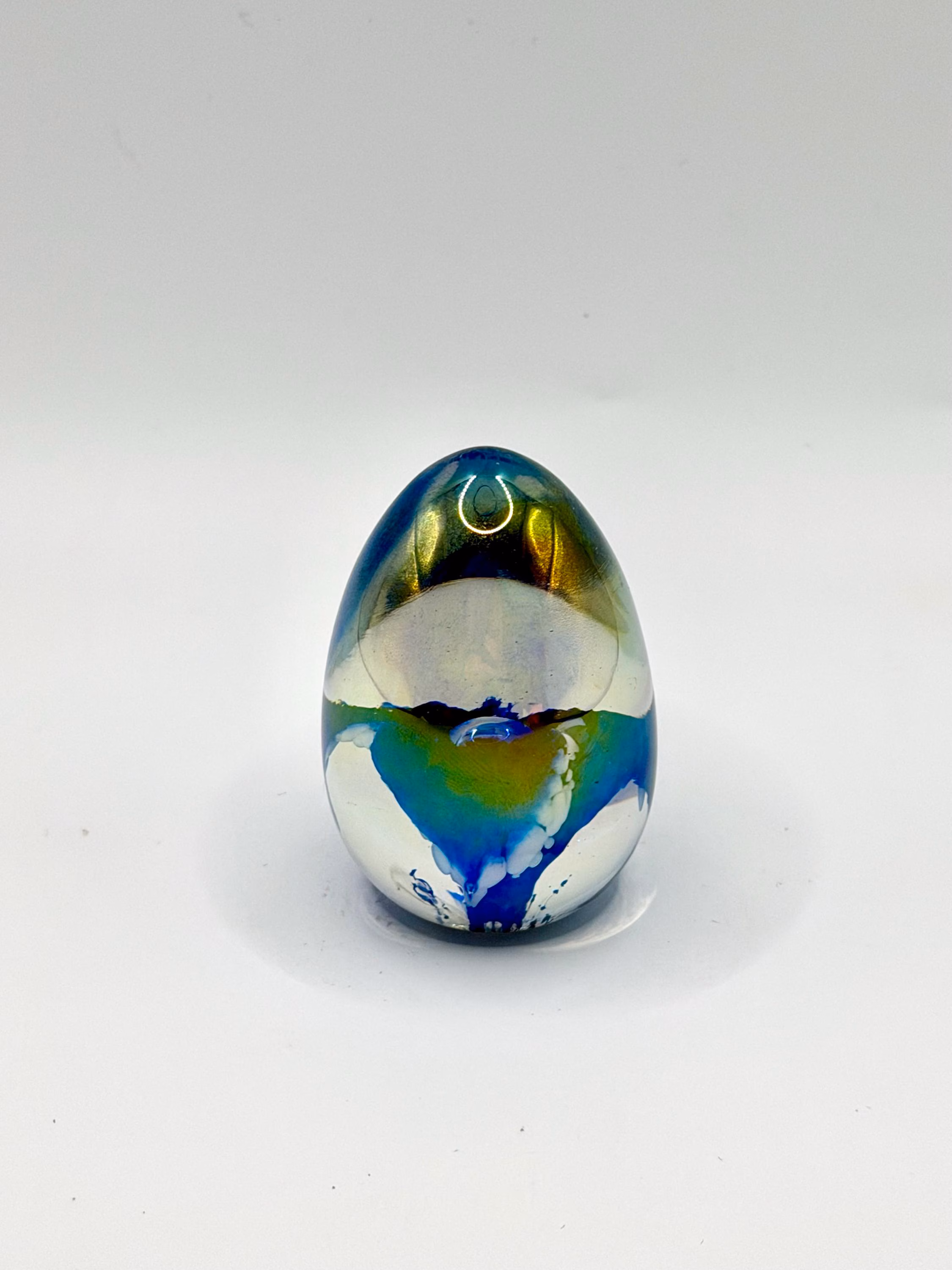 Mount Saint Helen's Iridescent Art Glass Egg Paperweight With Floral Design Signed, MSH 85