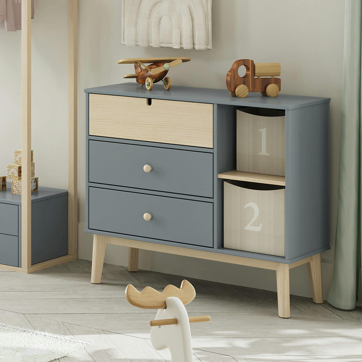 LUCY - Commode enfant 3 tiroirs 2 niches blanc / vert kaki 100 cm