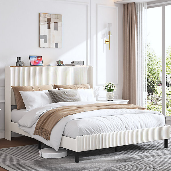 Lit double 160x200 cm capitonné adulte avec métallique stable et design à ailes - plateforme rembourrée velours côtelé beige/crème