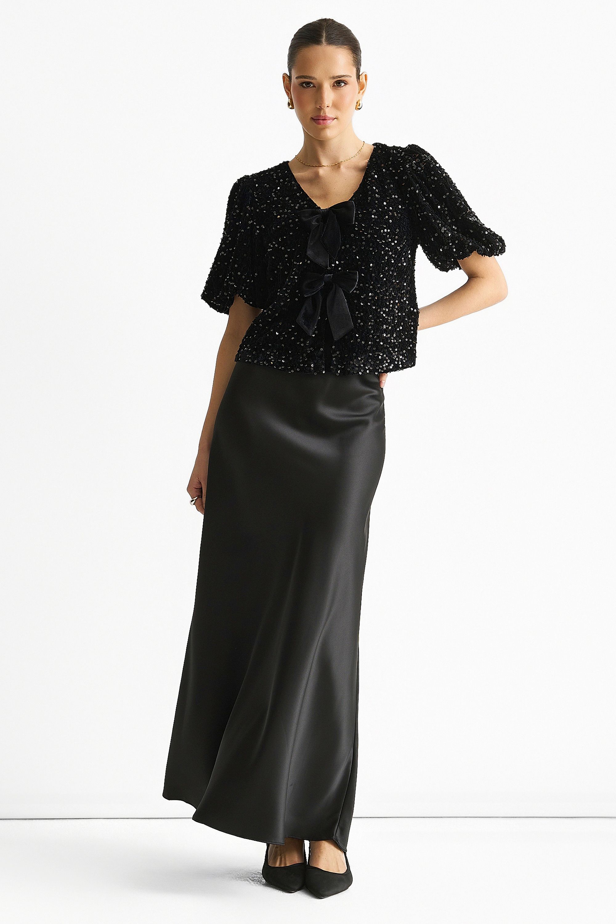 Gini London Black Velvet Sequin Bow Front Bubble Sleeve Top