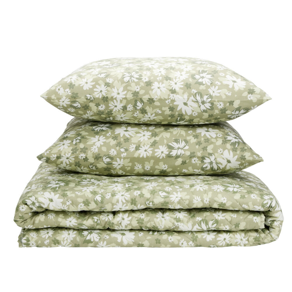 Couette 2 personnes 240x220cm avec 2 taies d'oreiller polyester motif floral vert