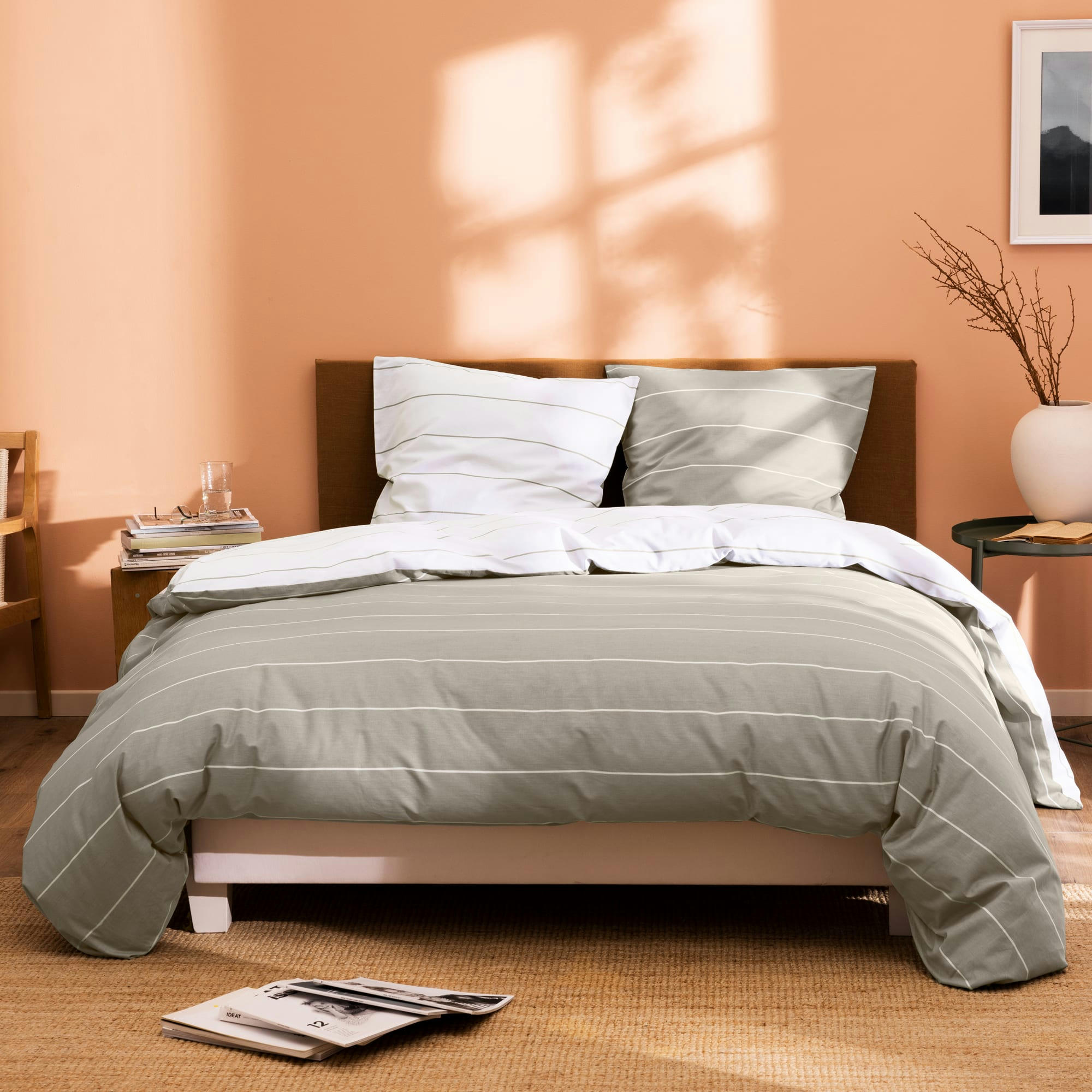 GREIGE STRIPES - Parure de lit imprimée en coton Grège 240x220+2x65x65cm