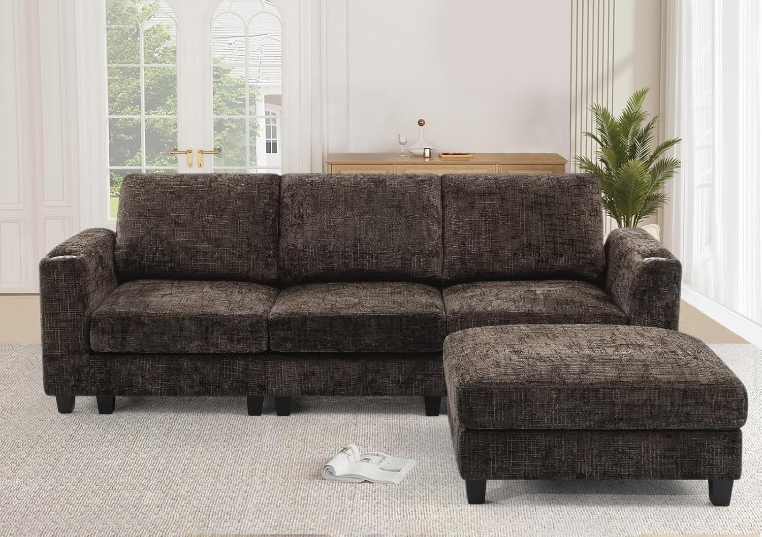 87 Chenille 3 Seater Couch with Soft Ottoman, L-Shape Sectional Sofa with Durable Cup Holders, Upholstered Sofa with Comfy Backrests for Living Room, House, Brown
