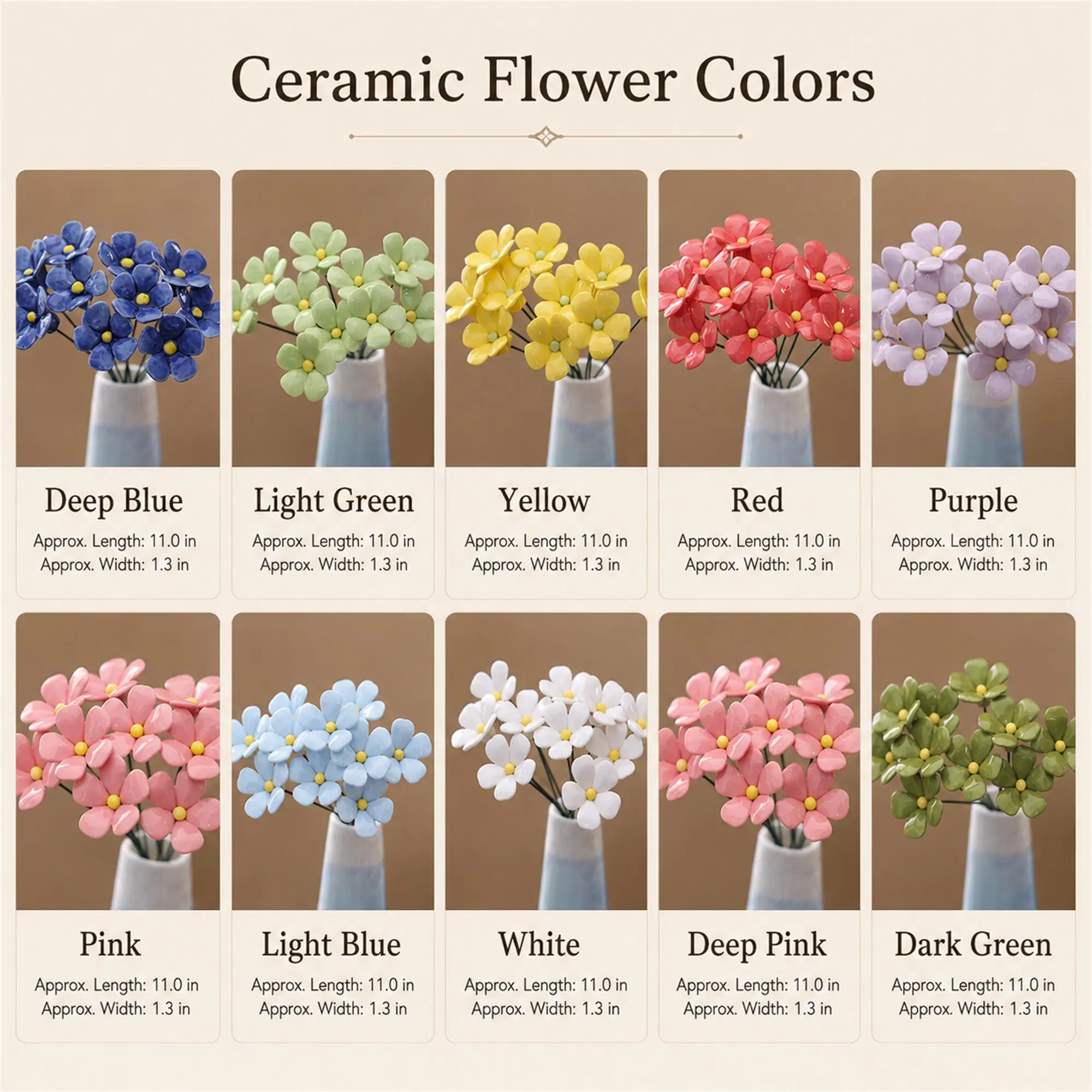 Forget Me Not Ceramic Flowers, Glazed Ceramic Floral Stems, 11 Inch Mini Flower Picks, Colorful Vase Filler, Permanent Home Decor