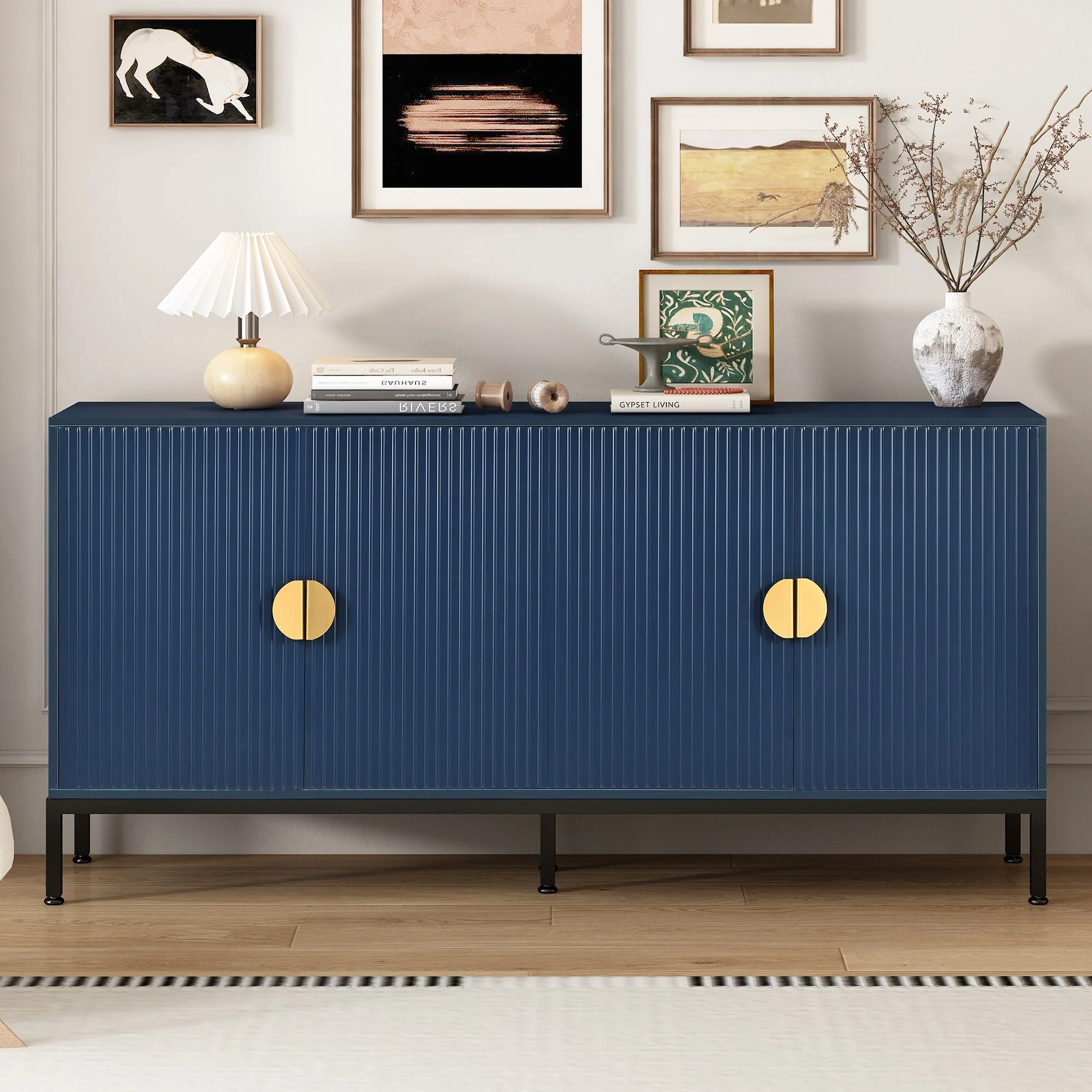 Vertical-Striped 4-Door Sideboard with Sturdy Metal Legs, Multi-Purpose Storage Cabinet with Semi Circular Metal Handles