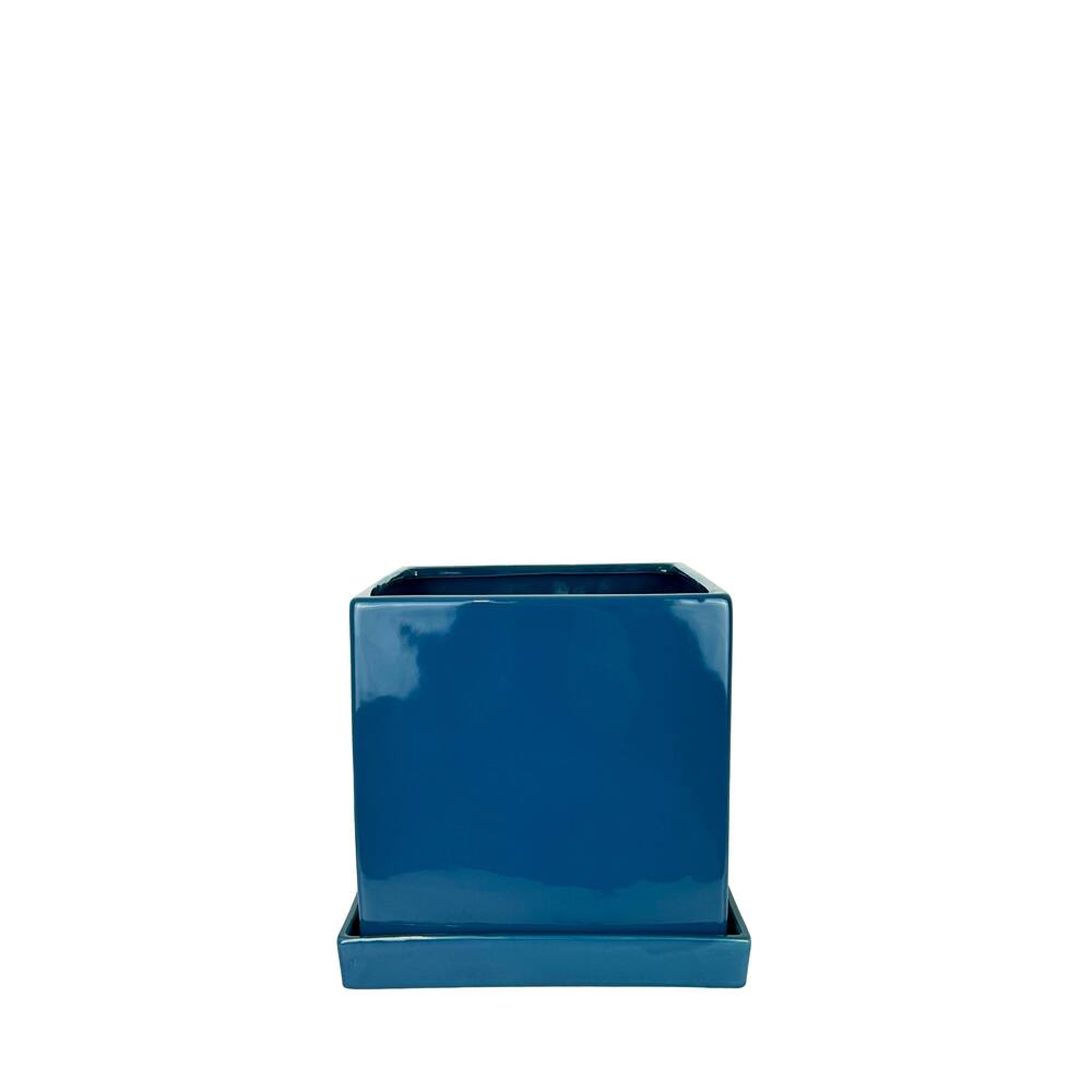 Capri Decorative Garden Square Ceramic Planter with Saucer, 4-in, Blue