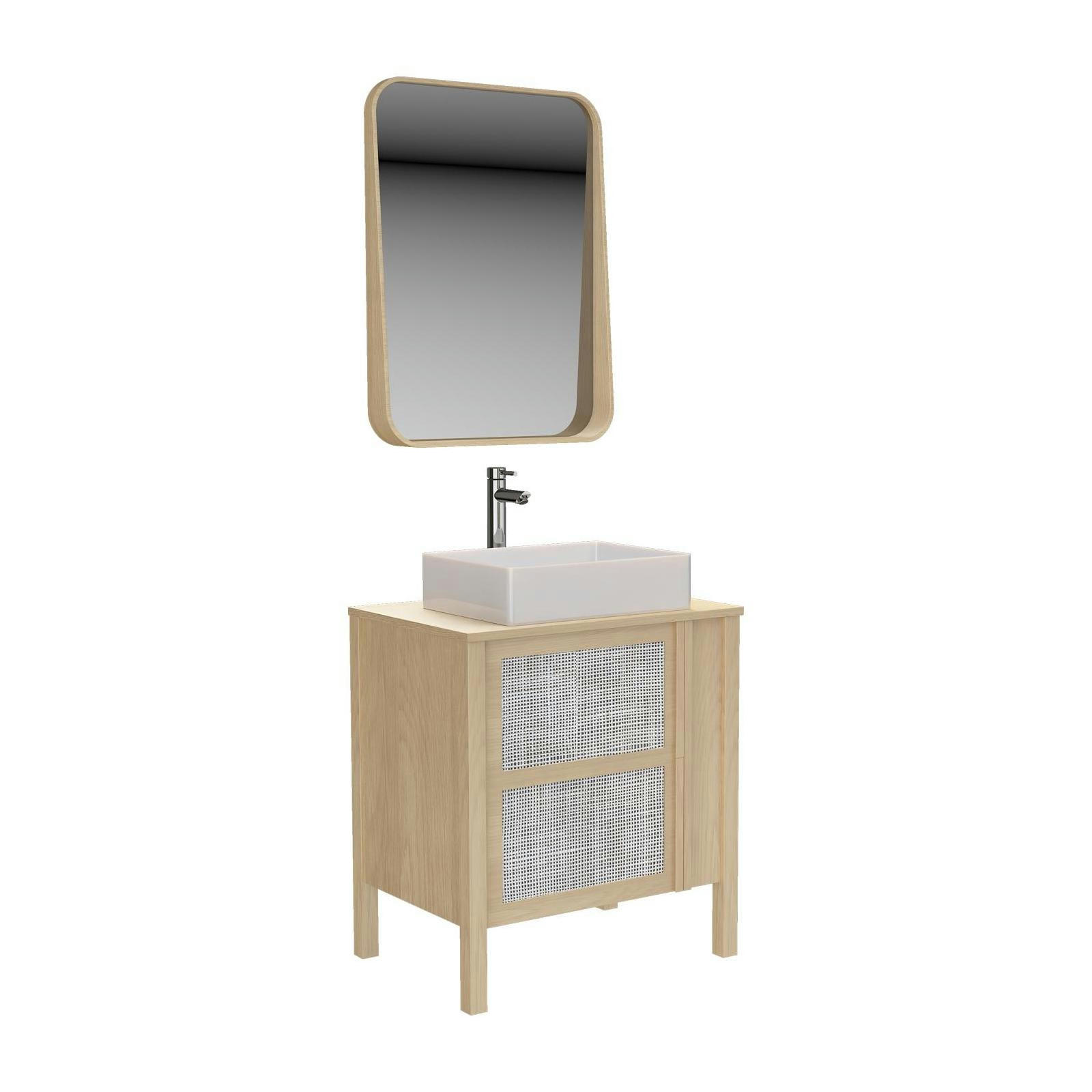 NESTO - Meuble simple vasque 70cm chêne  cannage + vasque + robinet + miroir