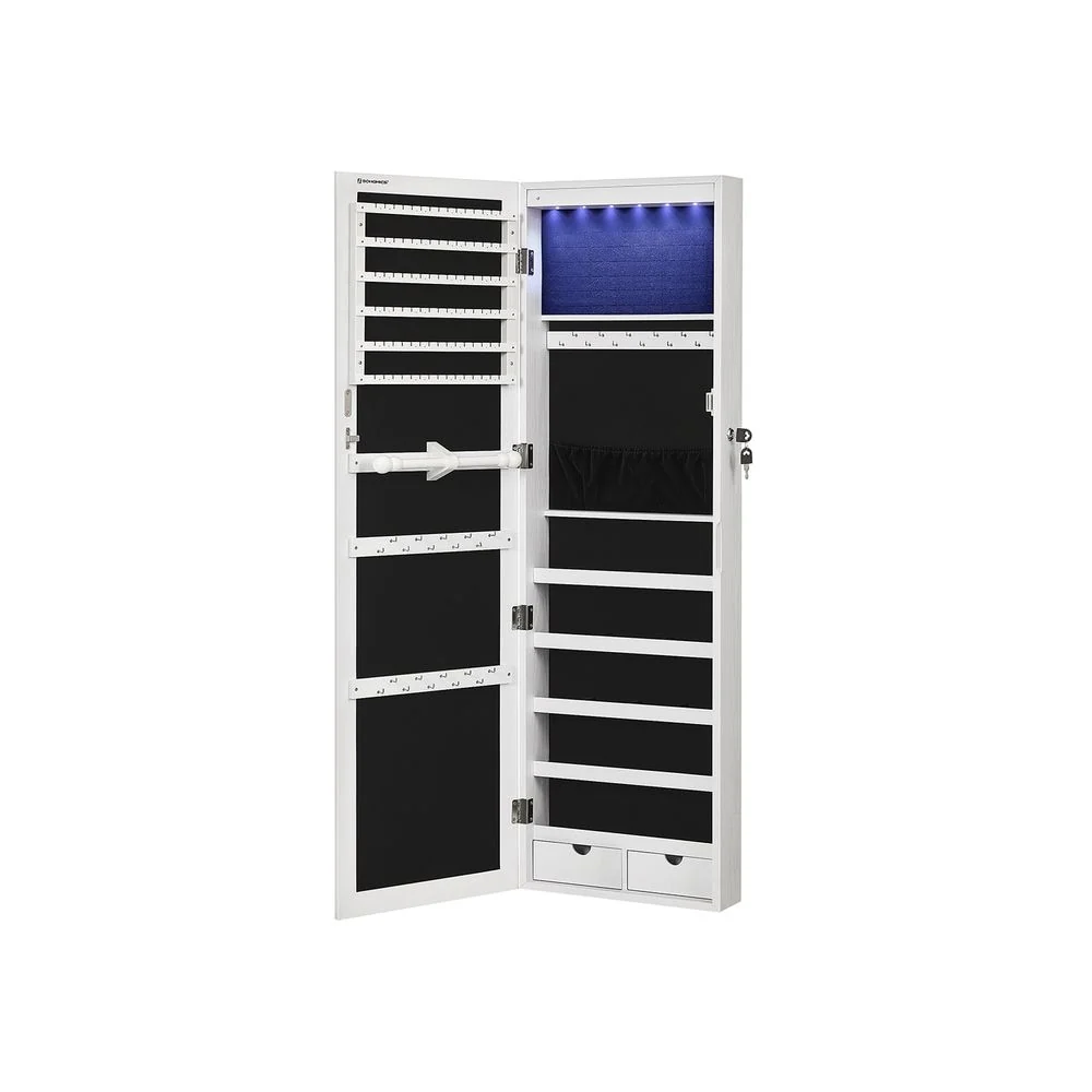 6 LED Lights Wall Mounted Lockable Jewelry Cabinet with Full Length Mirror and 2 Drawers - 47.3H x 14.5W x 3.9D