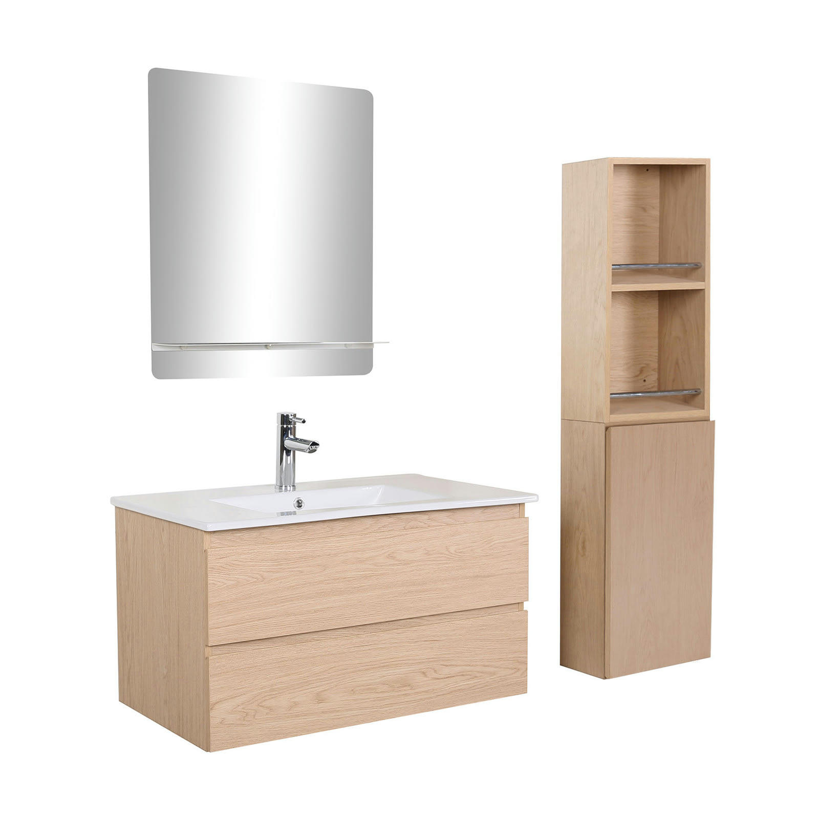 SORRENTO - Meuble simple vasque 80cm décor chêne +robinet chromé+miroir+colonne