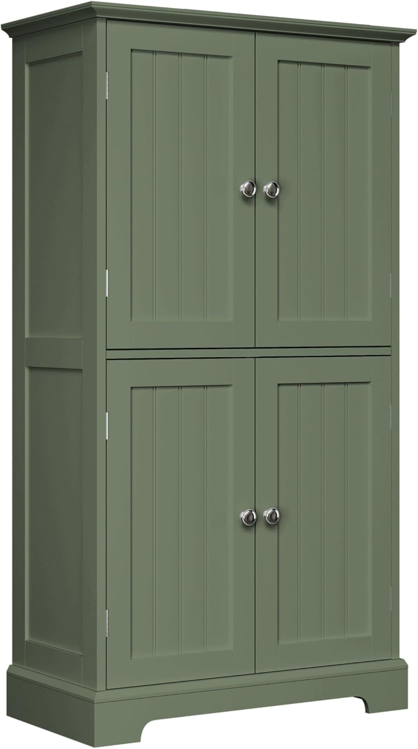 ChooChoo Bathroom Floor Cabinet, Modern Bathroom Storage Cabinet with 4 Doors and Adjustable Shelves, Freestanding Cupboard for Living Room, Green