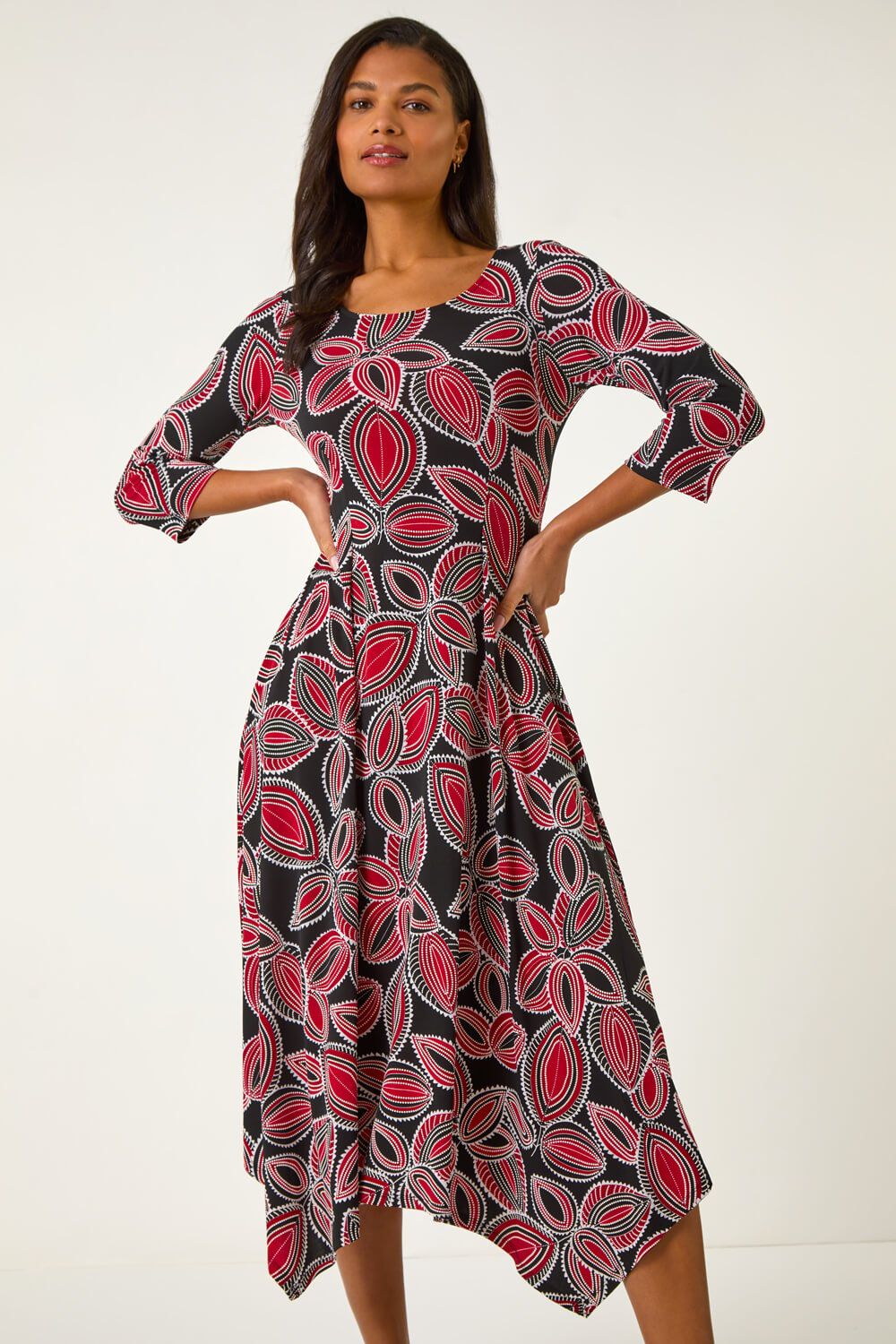 Roman Leaf Print Hanky Hem Stretch Midi Dress