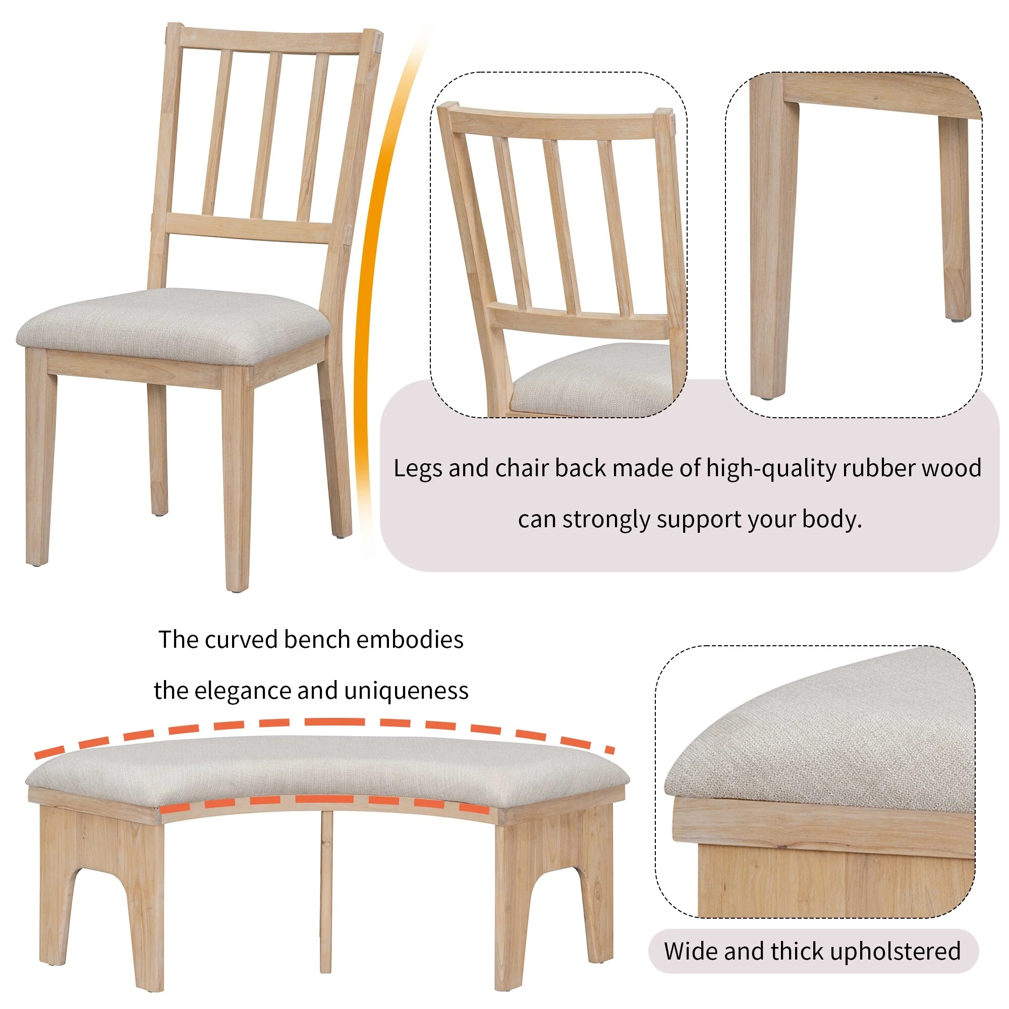 Rustic Style 5-piece Dining Set with Round Table, 3 Upholstered Chairs and Side Chairs