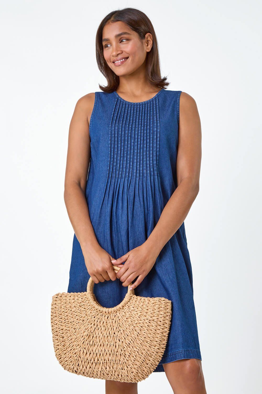 Roman Denim Pintuck Detail Pocket Dress