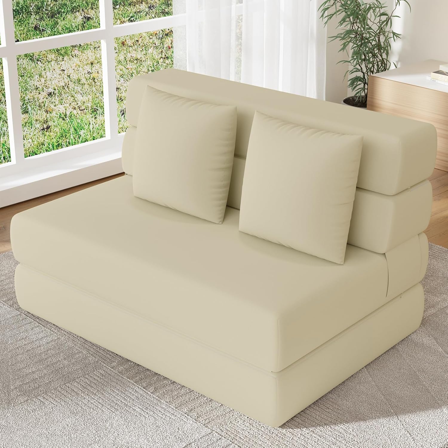 Folding Sofa Bed, Convertible Sleeper Chair & Couch Bed with Pillow, One-Piece High-Density Sponge Mattress, Multi-Purpose Floor Sofa for Living Room, Office, Dorm, Apartment, Beige, Single
