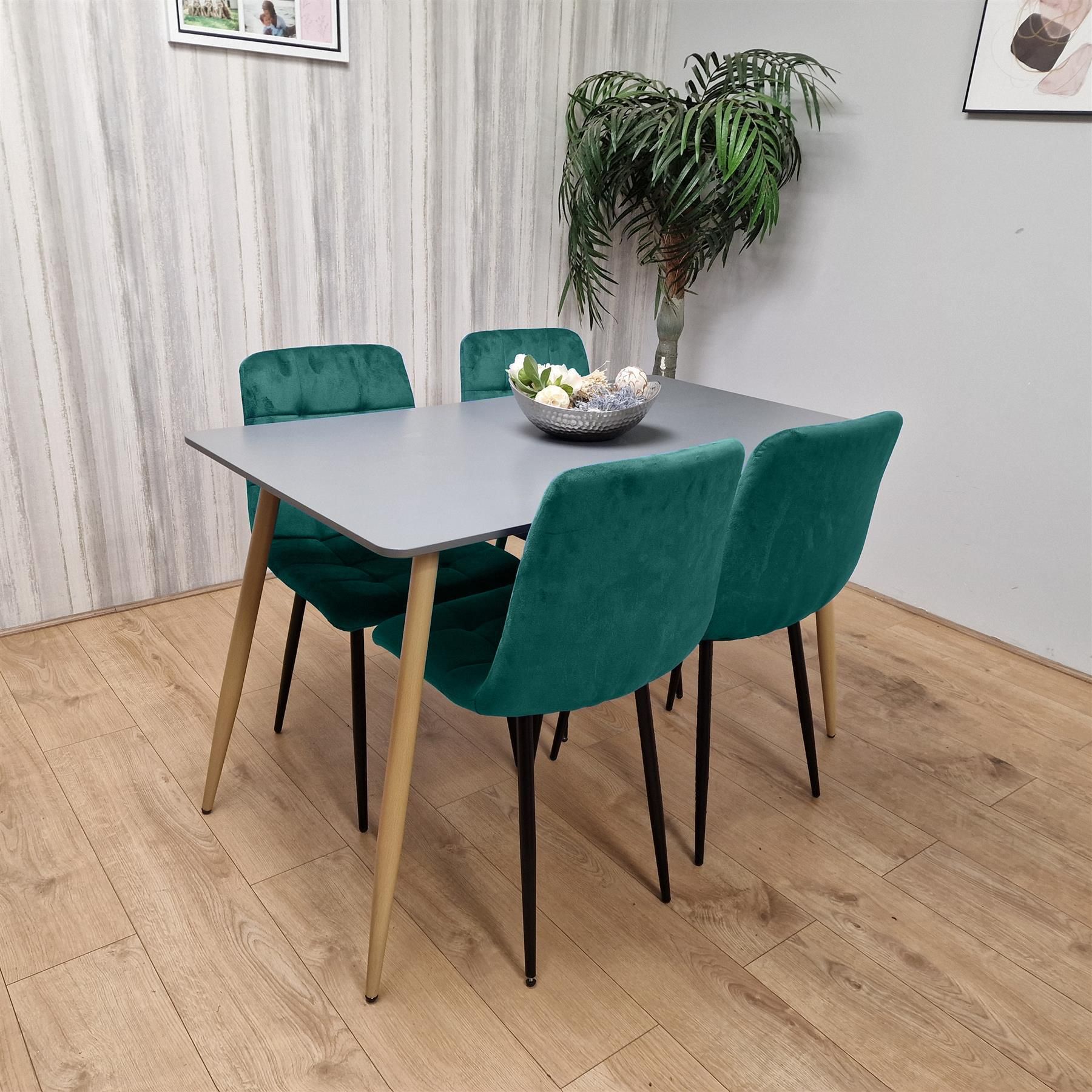 KOSY KOALA Wooden Grey Dining Set with 4 Green Velvet Chairs