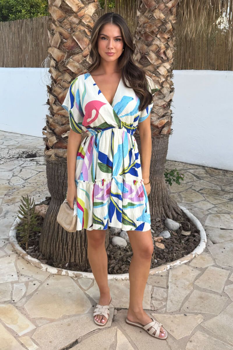 AX Paris Multi Leaf Print Wrap Top Tiered Mini Dress