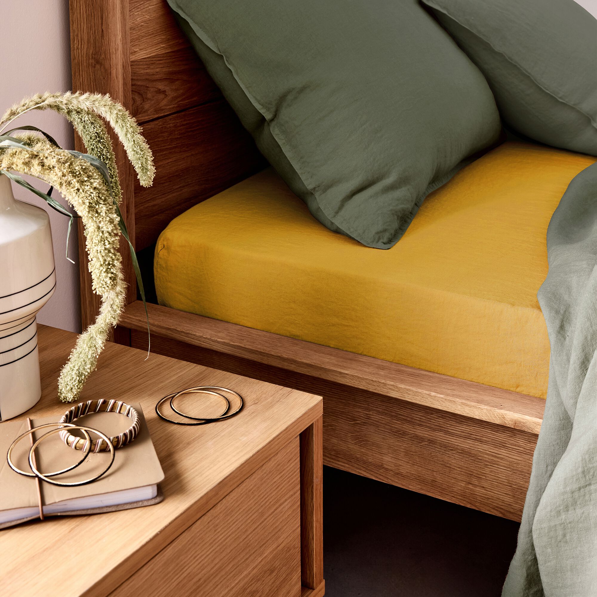 VENCE - Drap housse en lin lavé 140x200cm B28cm - jaune argan