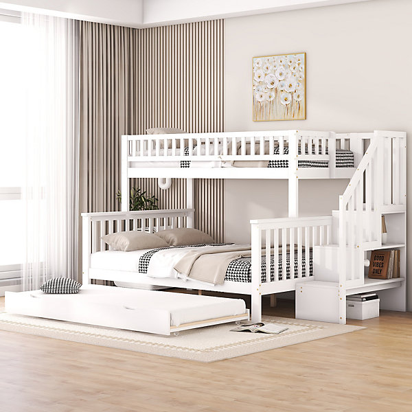 Lit superposé enfant 90x200 cm avec lit gigogne et escalier - lit inférieur 140x200 cm - bois massif et MDF - blanc - sans matelas