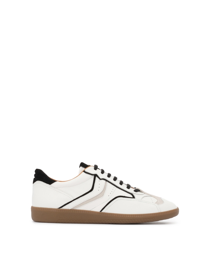 Black and white leather sneakers with suede inset pattern