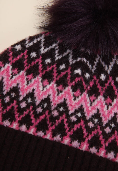 Womens Burgundy Fairisle Bobble Hat