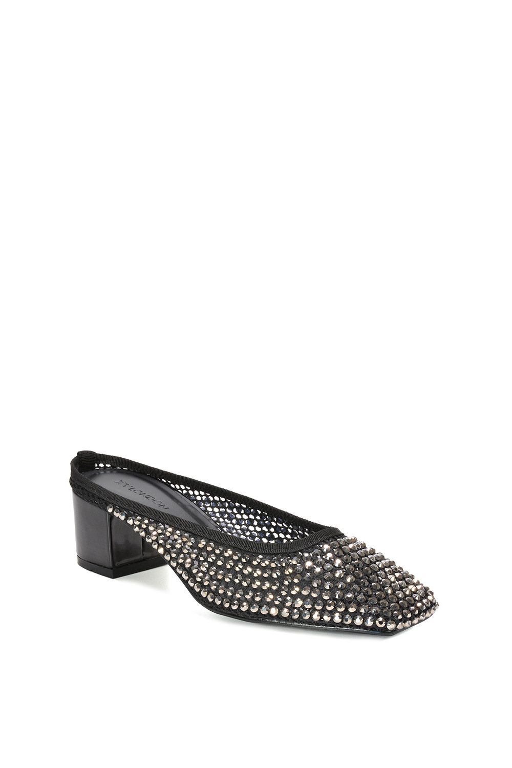 XY London Brooklyn' Square Toe Court Shoe Mule Block Heels With Crystal Mesh