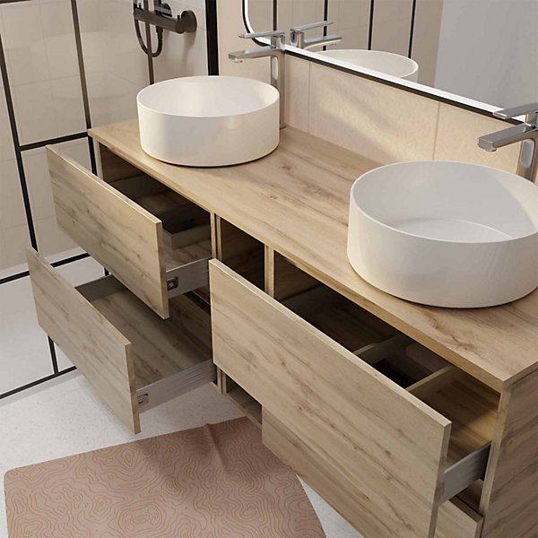 Meuble Salle de Bains 140 TIMBER Décor Chêne 4 Tiroirs et Module Vasques Blanches Miroir LED 120x70