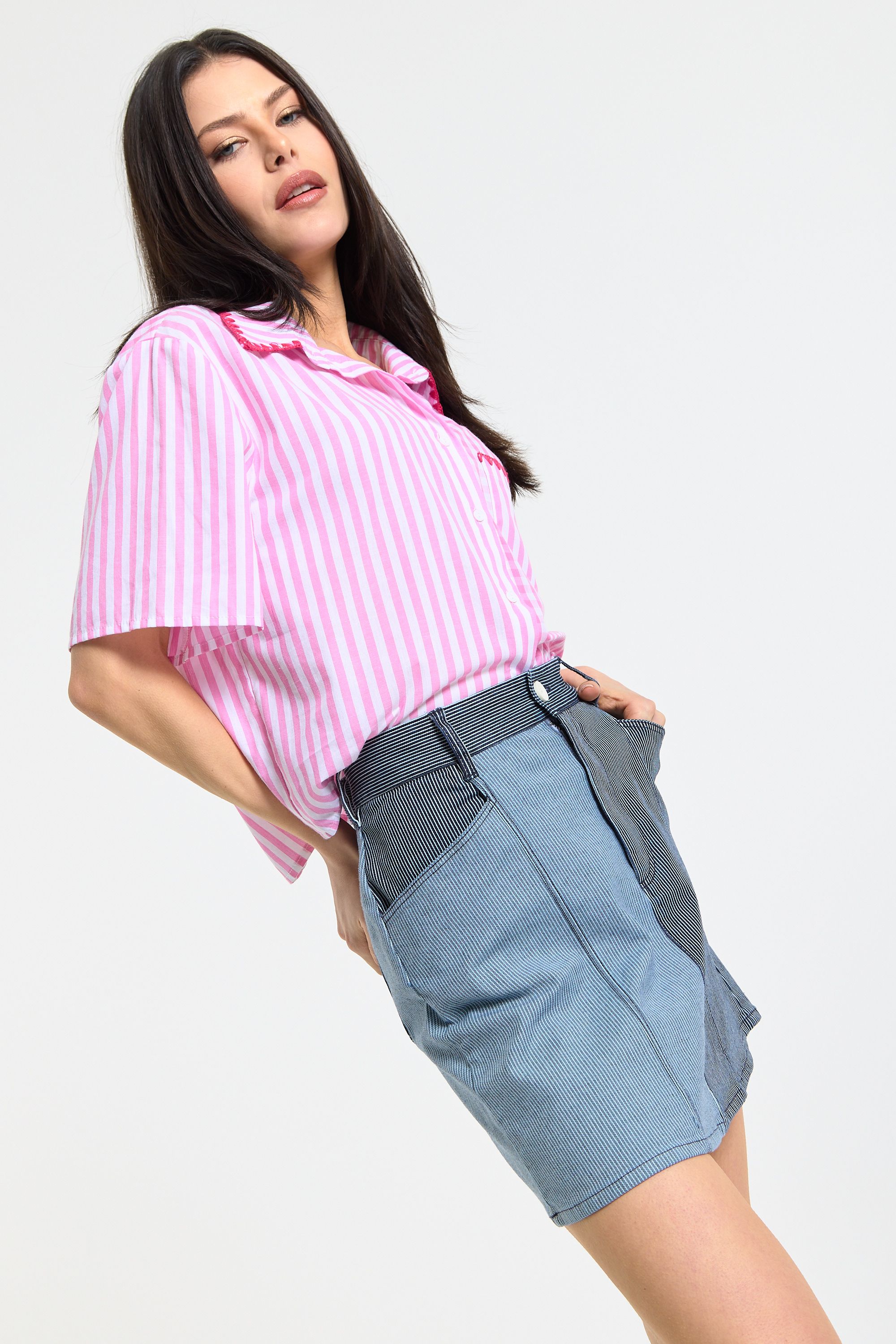 House of Holland Pink Stripe Contrast Trim Shirt