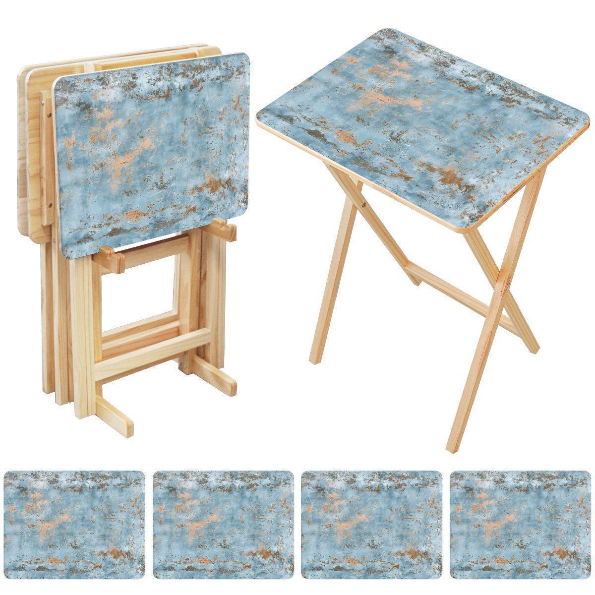 Folding TV Tray Set of 4 Rustic Blue Farmhouse Snack Tables Wood Foldable Tray Tables Space Saving Living Room Furniture