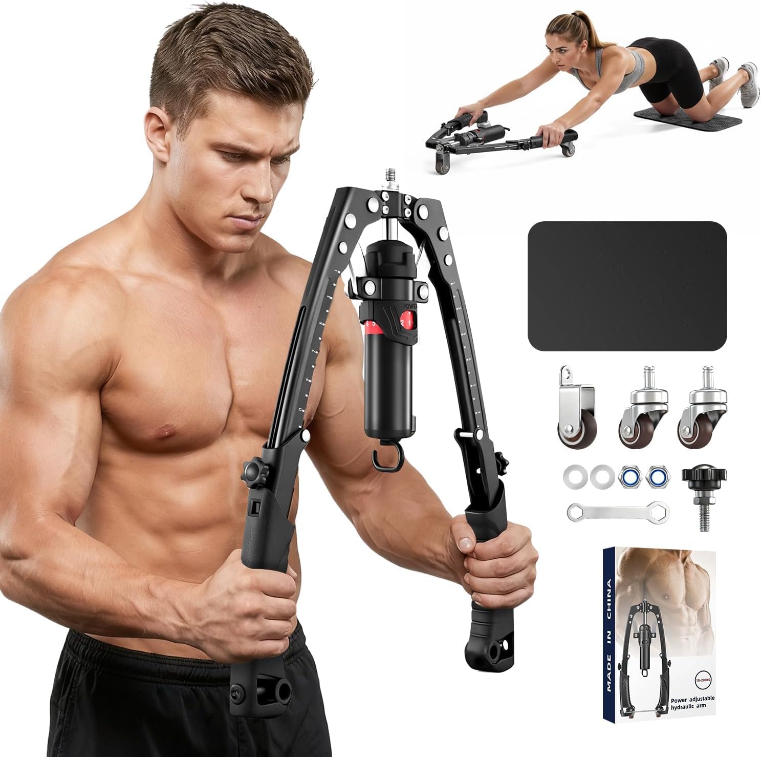 Twister Arm Trainer, 3-in-1 Hydraulic Chest Workout Equipment with Ab Roller Wheel, 22-440lbs for Men Women, Home Gym Equipment for Full Body Strength Training